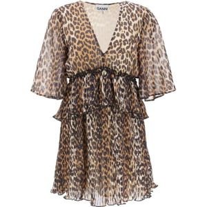 Ganni - Kleed - Veelkleurig - Polyester - Geplooide Georgette V-hals Flounce Mini Jurk