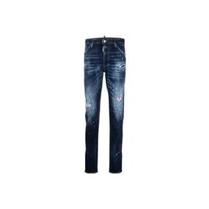 Dsquared2 Blauwe Distressed Skinny Broek met Verfspat Detail , Blue , Heren , Maat: L