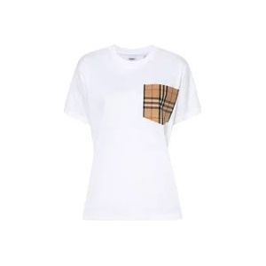 Stijlvol Wit T-Shirt met Burberry Ruitpatroon , White , Dames , Maat: S