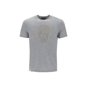 Versace Rhinestone Medusa Crewneck T-Shirt , Gray , Heren , Maat: L