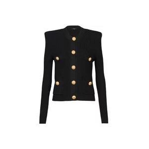 Balmain Gebreid kort Cardiganje met goudkleurige knopen , Black , Dames , Maat: M