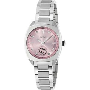 Gucci Interlocking 29mm roestvrijstalen kast, roze wijzerplaat met 8 diamanten, kleine secondeweergave, roestvrijstalen armband , Gray , Dames , Maat: ONE Size