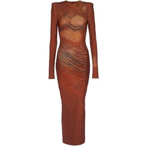 Balmain Gedrukte lange strassjurk , Brown , Dames , Maat: XS