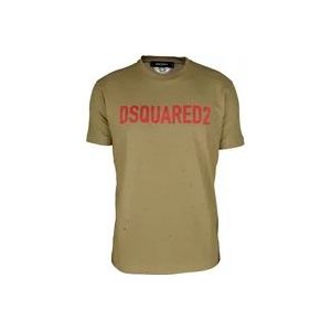 Dsquared2 Beige Katoenen T-Shirt met Rood Logo , Beige , Heren , Maat: M