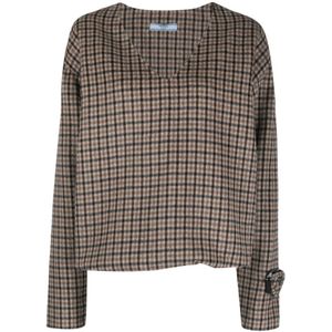 Prada Bruine Angora en Tartan Trui met Driehoekszak , Brown , Dames , Maat: XS