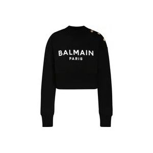 Balmain Zwarte Katoenen Logo Print Cropped Sweatshirt , Black , Dames , Maat: L