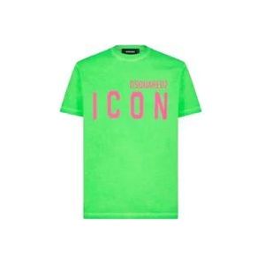 Dsquared2 Fluorescerend groen Tee-shirt met iconisch logo , Green , Heren , Maat: L