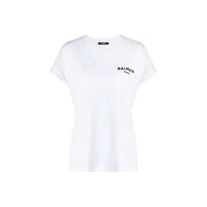 Balmain Wit Katoenen T-Shirt met Flock Logo , White , Dames , Maat: XL