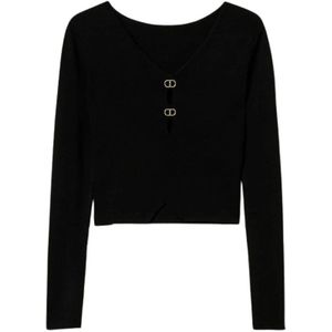 Twinset Omkeerbare zwarte truien met ovale T-metalen platen , Black , Dames , Maat: XS