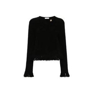 Chloé Zwart Tweed Franje Jas , Black , Dames , Maat: S