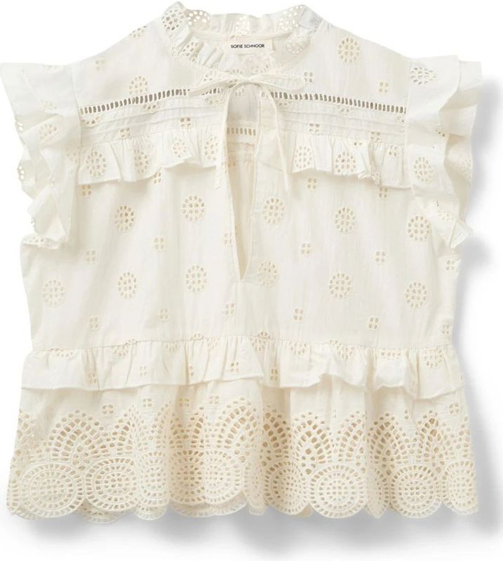 Sofie Schnoor - Geborduurde Off-White Top - Beige - Dames - Katoen