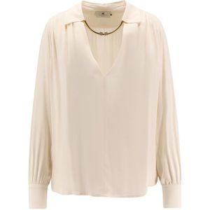 Elisabetta Franchi - Viscose Blouse - Wit - Dames - Stijlvolle met Afneembaar Juweel Accessoire