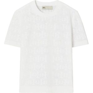 Tops - Wit - Elegant Solid Patterned Knit Top - Korte Mouwen