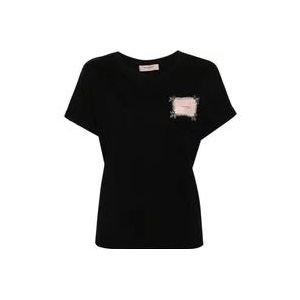 Twinset Zwart T-shirt met Logo Patch en Rhinestone Versiering , Black , Dames , Maat: XS