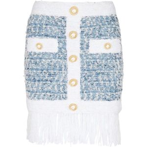 Balmain Powder Blue Tweed Rok met Franje Detail , Blue , Dames , Maat: M