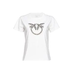 Pinko Love Birds Geborduurd Wit T-shirt , White , Dames , Maat: L