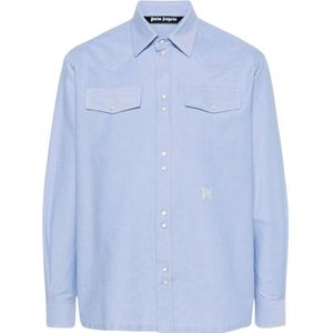 Palm Angels, Heren, Overhemden, Blauw, Maat: S Katoen,