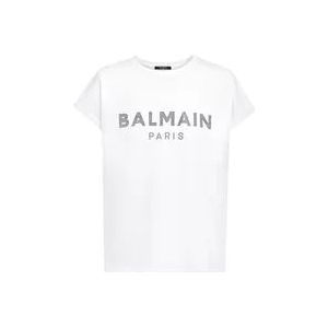Balmain Ecologisch ontworpen katoenen T-shirt met strass logo , White , Dames , Maat: 2XS