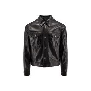 Versace Leren jas met drukknoopsluiting , Black , Heren , Maat: L