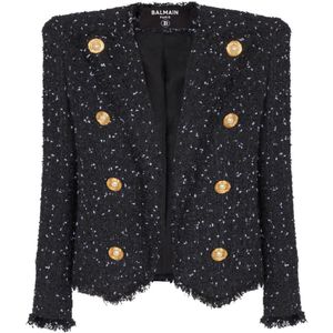 Balmain Geknipt jasje met 8 knopen in polka-dot tweed , Black , Dames , Maat: 2XS