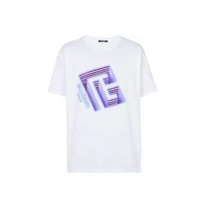 Balmain Neon Logo Katoenen T-shirt , White , Heren , Maat: 2XL
