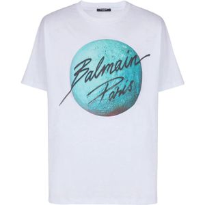 Balmain Bedrukt Paris-logo en planeet T-shirt , White , Heren , Maat: XS