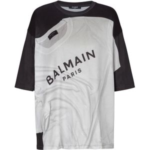 Balmain Losse T-shirt met optische illusieprint , Black , Dames , Maat: L