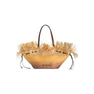 Pinko Rafia Panama Shopper met Franjes , Yellow , Dames , Maat: ONE Size