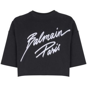 Balmain Geknipte T-shirt met flock Letter logo , Black , Dames , Maat: 2XL