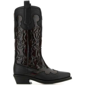 Ganni - Mid Shaft Geborduurde Western Laarzen - Zwart - Leer