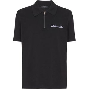 Balmain Polo shirt met korte mouwen en handtekeningborduursel , Black , Heren , Maat: XS