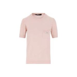 Versace Cashmere Gebreide Crew Neck Korte Mouw , Pink , Dames , Maat: S