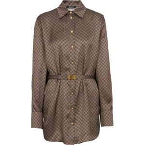 Balmain Zijden shirt met een mini-monogramprint , Brown , Dames , Maat: XL