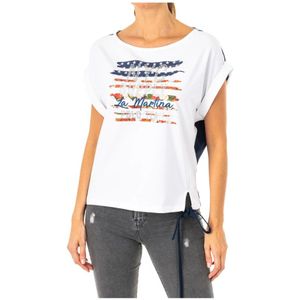 Dames - LWR308 - T-shirt - Wit-Navy Blauw - 100% Katoen