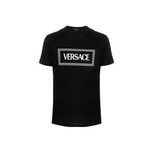 Versace Zwarte Jersey Katoenen T-shirt met Logo Borduursel , Black , Heren , Maat: XL