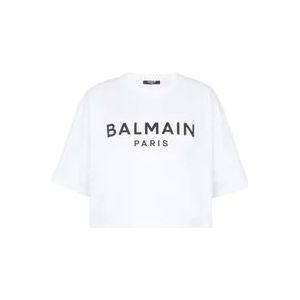 Balmain Geknipte katoenen T-shirt met logoprint , White , Dames , Maat: L