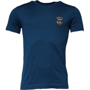 Dolce & Gabbana - Short Sleeve Crew Neck T-shirt - Blauw - Met Kroonbijen Borduursel