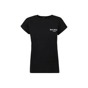 Balmain Velvet-Effect Flock Detail T-Shirt , Black , Dames , Maat: L
