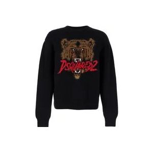 Dsquared2 Zwarte Jacquard Bear Crewneck Sweater , Black , Heren , Maat: M