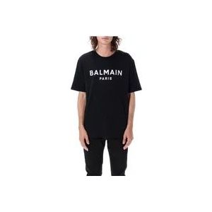 Balmain Logo T-Shirt met Ronde Hals en Korte Mouwen , Black , Heren , Maat: L