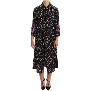 Dolce & Gabbana - Midi Jurk - Zwart - Zijde - Polka Dot Bloemen