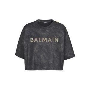 Balmain Geknipt ecologisch verantwoord katoenen T-shirt met reliëf logo-print , Black , Dames , Maat: M