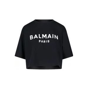 Balmain Zwart Logo T-shirt Crop , Black , Dames , Maat: L