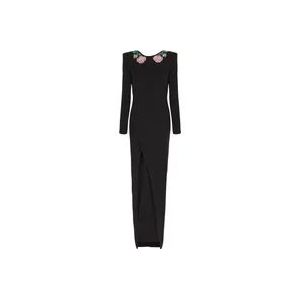 Balmain Lange rugloze jurk met rozenborduursel , Black , Dames , Maat: S