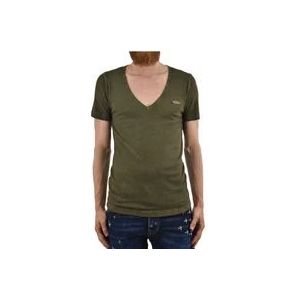 Dsquared2 Groen Heren V-Hals T-Shirt met Metalen Ovale Plaat , Green , Heren , Maat: XS
