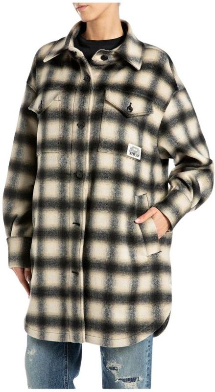 Replay - Lange Jas - Veelkleurig - Wolmix - Taille Riem - Geruit Patroon