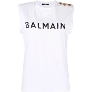 Balmain Logo Print Mouwloze Top , White , Dames , Maat: L