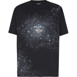 Balmain Gedrukt Univere-logo en teer T-shirt , Black , Heren , Maat: XS