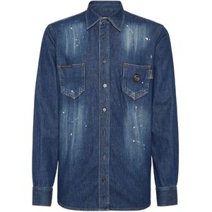 Philipp Plein, Heren, Overhemden, Blauw, Maat: S Denim,