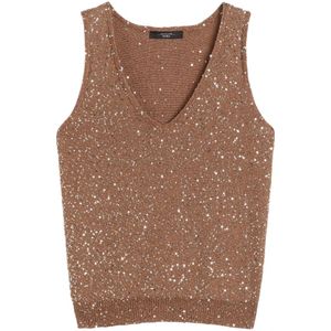 Max Mara - Acaici Sleeveless Top - Bruin - Dames - Katoenmix - Mouwloos - All-over Paillettenborduursel